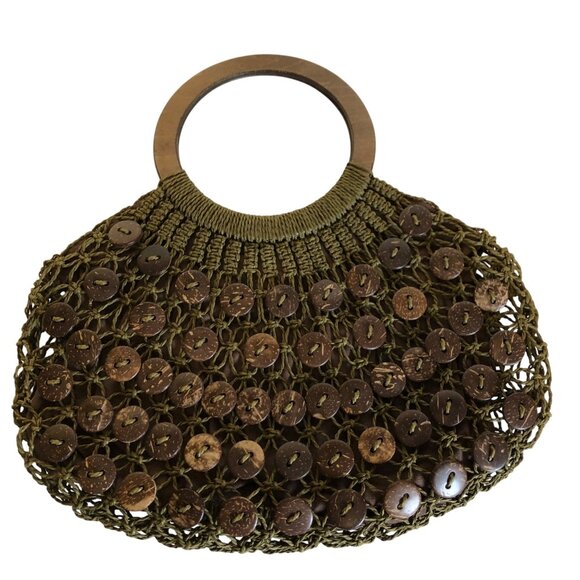 Blue Miami Green Brown Button Design Crochet Wood Circle Handles Boho Retro - Picture 3 of 5
